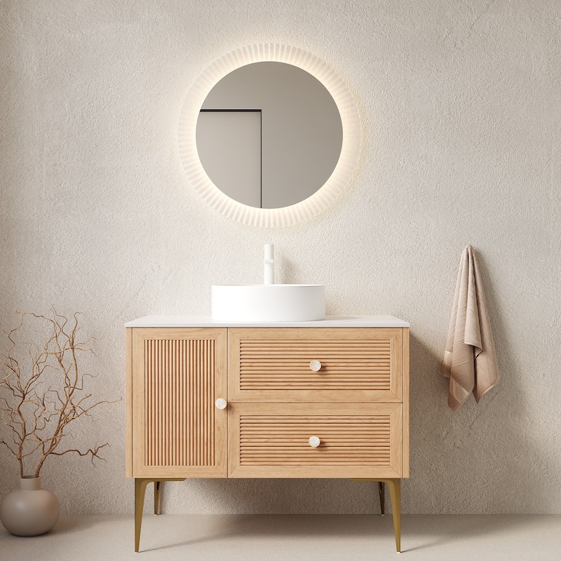 GDFStudio - Munin Freestanding Bathroom Vanity with Ceramic Sink, 4 Metal Legs, Oak Woodgrain Color, WITHOUT Faucet