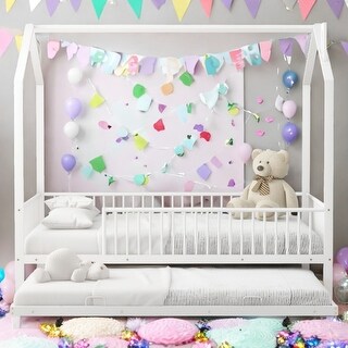 White Full Size Metal House Bed with Fence, Kids Bed with Trundle