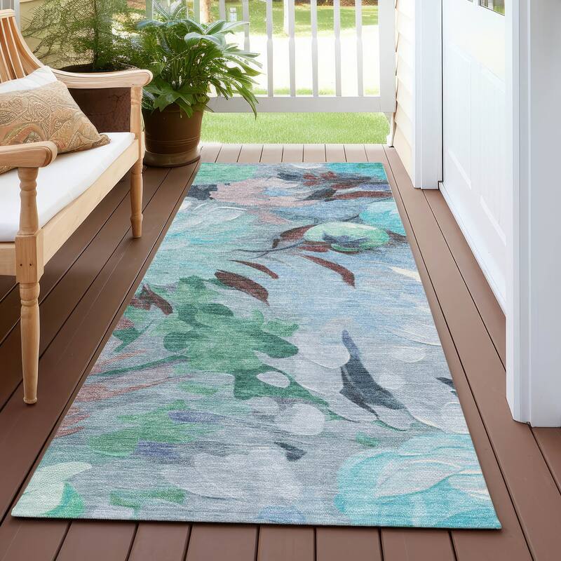 Machine Washable Indoor/ Outdoor Watercolor Floral Chantille Rug - Sky - 2'3" x 7'6"