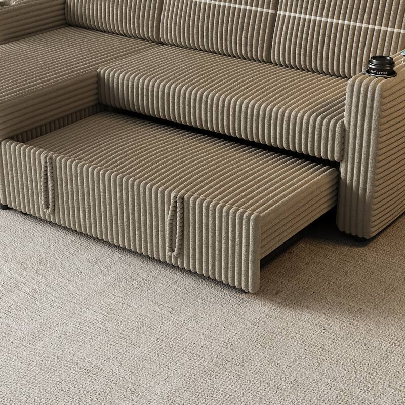 3-Seater Sleeper Sofa Bed with Corduroy Fabric, Storage Chaise, USB Charger, and Cup Holders