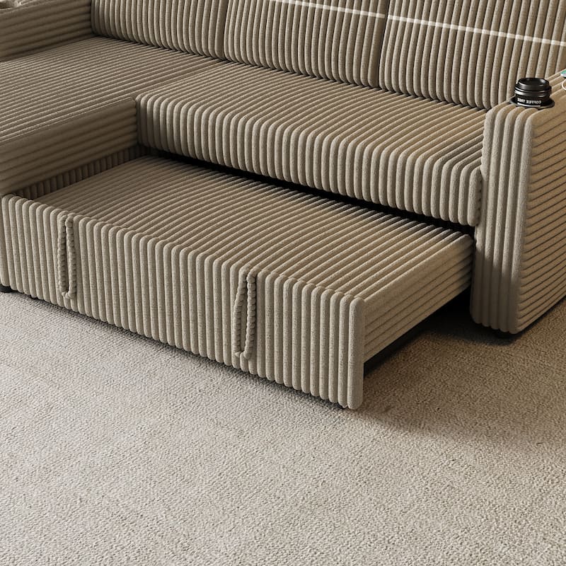 85" Corduroy 3-Seater Sleeper Sofa with Storage Chaise, USB Charging and Cup Holders