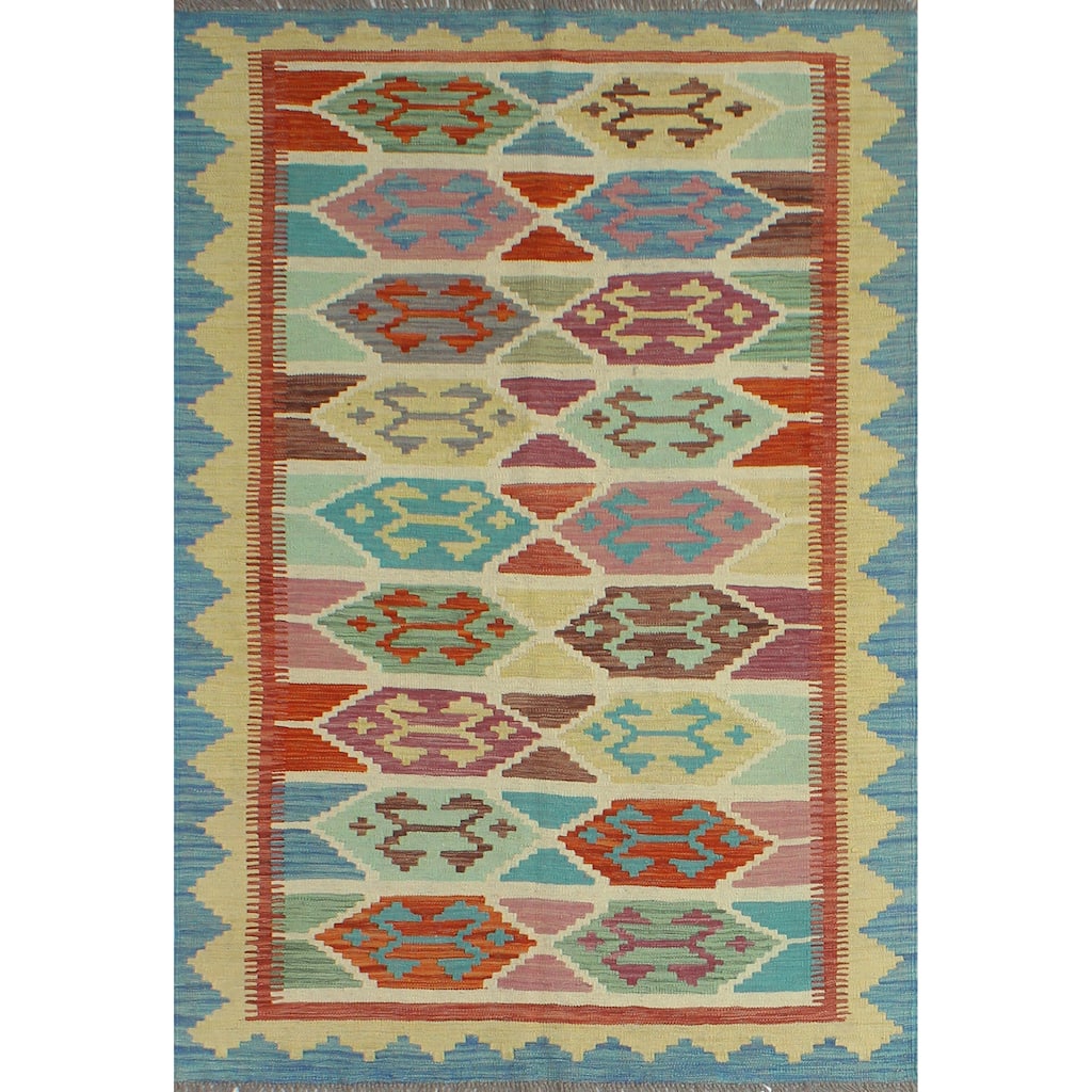 Sangat Flatweave Nurjanat Blue/Gold Rug - 4'2" x 6'1"