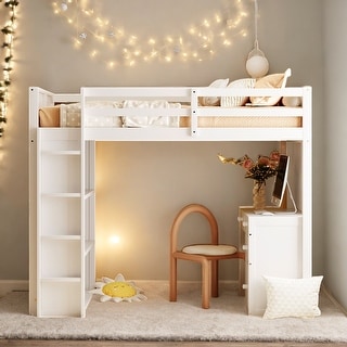 Twin Size Loft Bed with Ladder, Shelves, and Desk