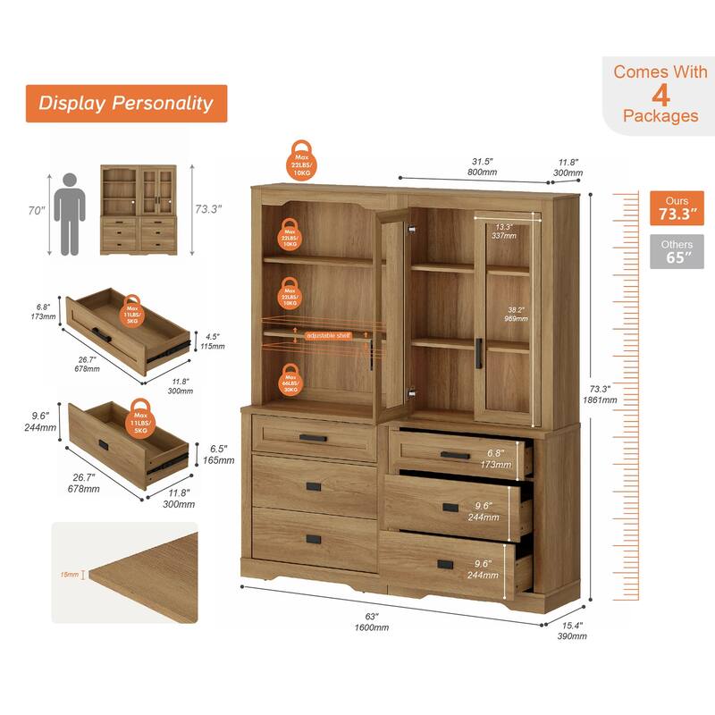 3 Tier Bookcase with Drawer,73.3" Tall Floor Standing Bookshelf