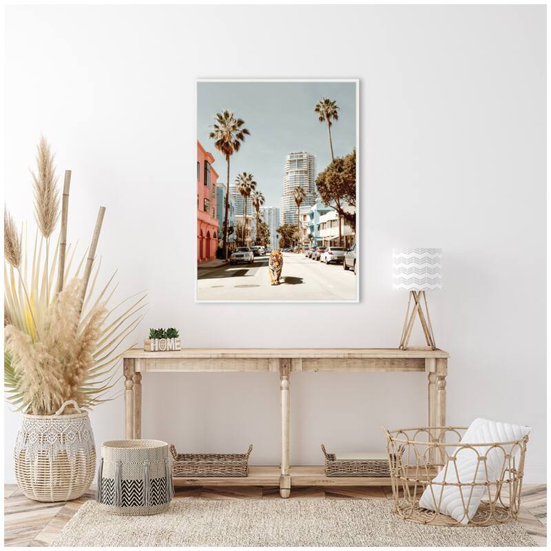 Kate and Laurel Sylvie California Tiger Roaming through Palm Springs Framed Canvas by Michael Schauer