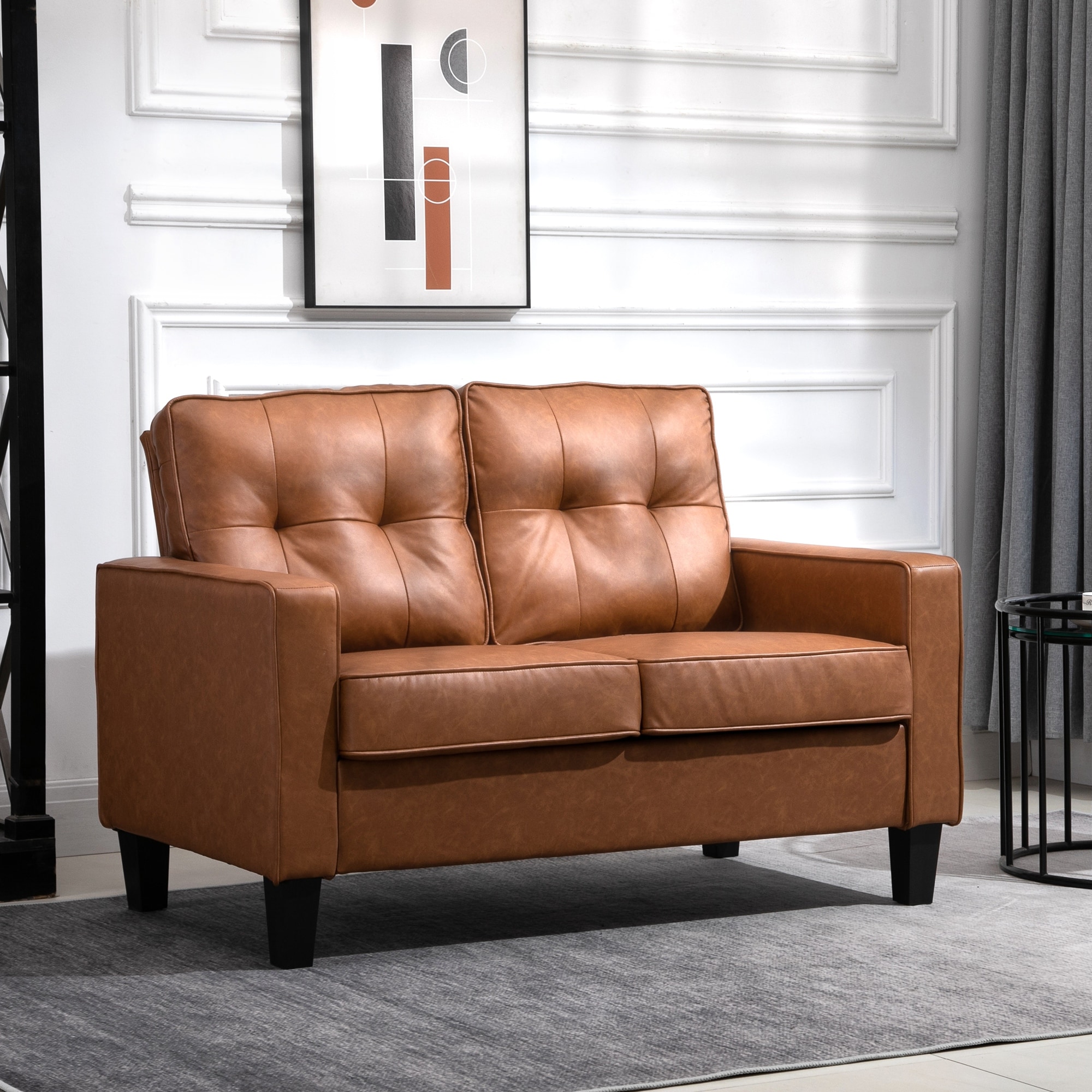 HOMCOM 51" Wide Double Sofa with Armrest, 2-Seater Tufted PU Leather and Pocket Spring Sponge Padded Cushion, Brown