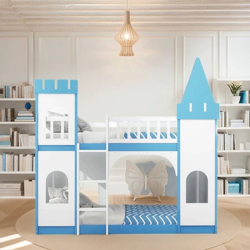Twin Over Twin Size Castle Design Kids Bunk Bed with Ladder, Blue