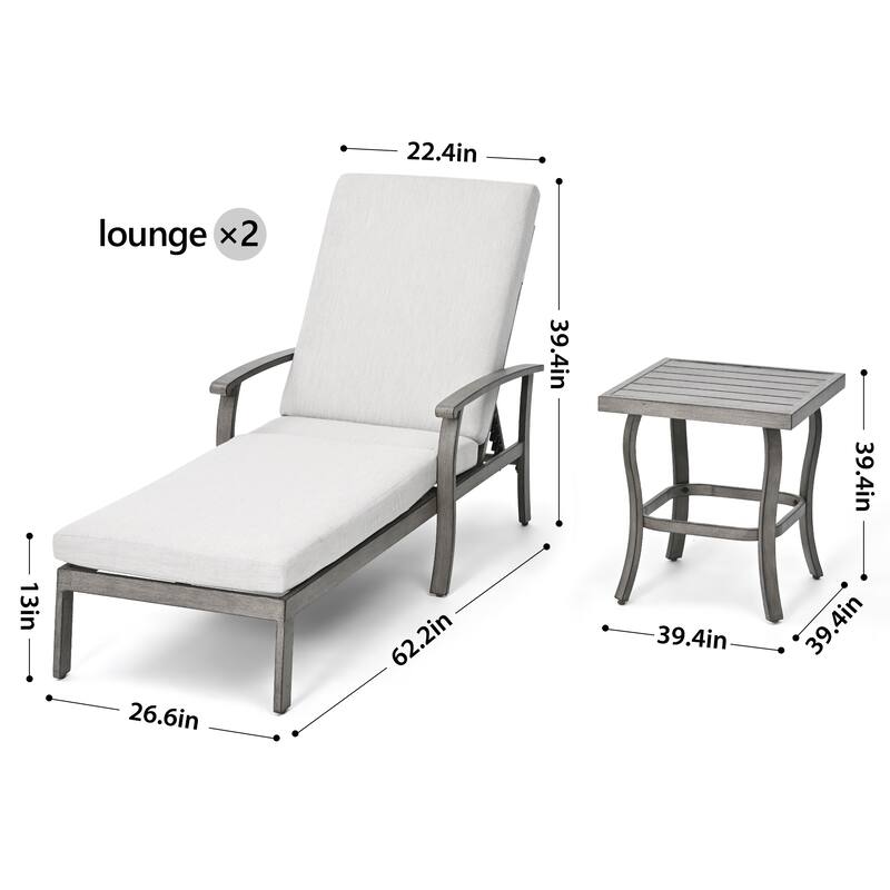 2-Piece Aluminum Patio Chaise Lounge with Side Table and Gray Cushions