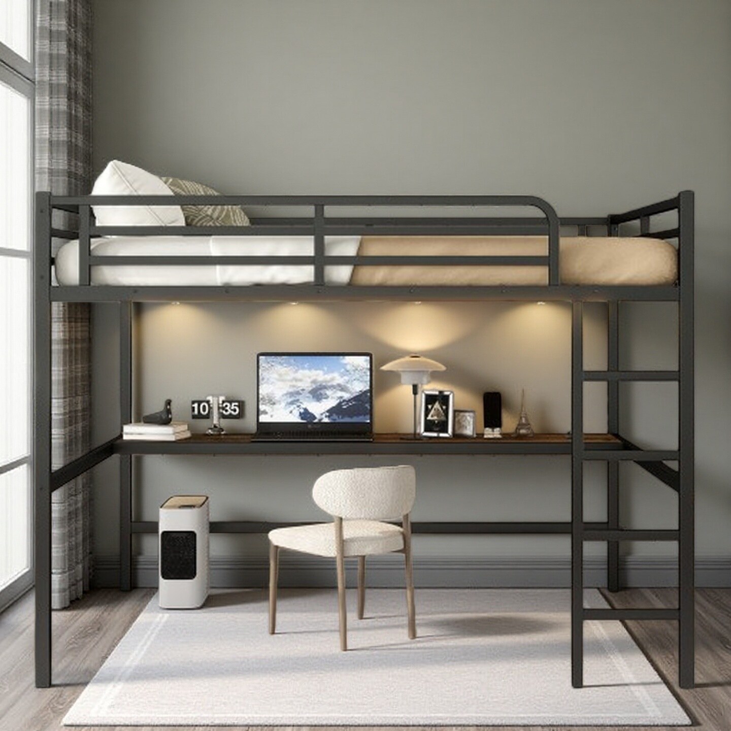 Queen Size Metal Loft Bed with Desk, Power Outlet, and LED Lighting, Space-Saving and Quiet Design