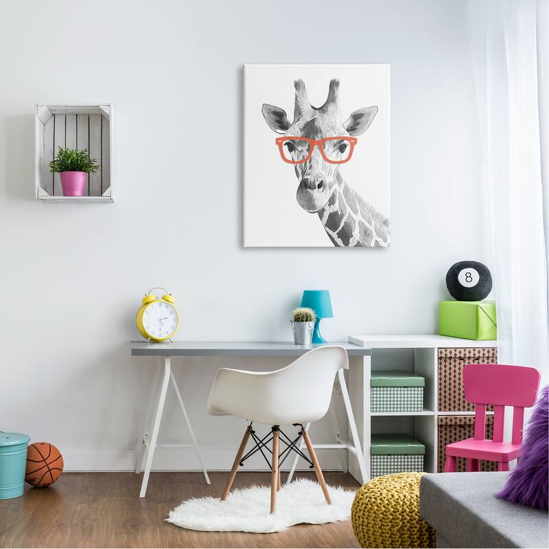 Stupell Monochrome Giraffe Portrait Wearing Red Glasses Design Canvas Wall Art
