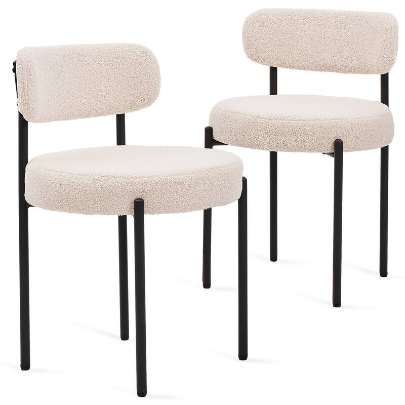 Set of 2 Boucle Dining Chairs with Curved Backrest & Black Metal Legs - White