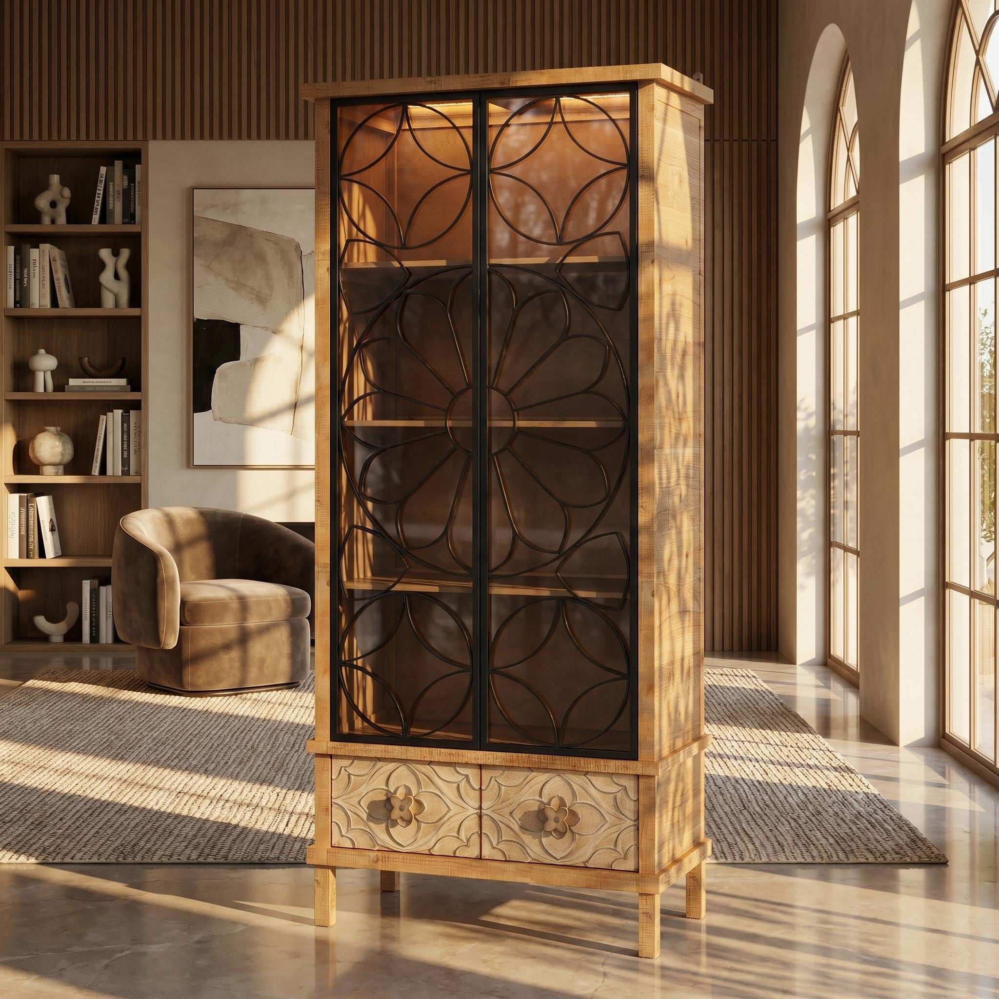 70.8" Solid Wood Bookshelves Lighted Display Cabinet with Tempered Glass Doors with LED Lights, Floral Metal Door Design