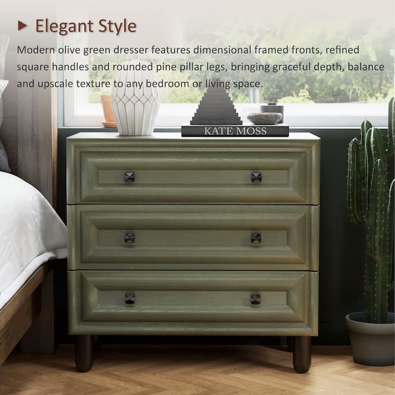 COZAYH Modern Geometric Dresser with Textured Frame Fronts, Contemporary Nightstand Featuring Rounded Pillar Pine Wood Legs