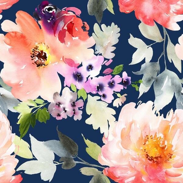 Large Watercolor Flowers On Navy Background Wallpaper Mural Blue watercolor floral leaf background desktop wallpaper. usd