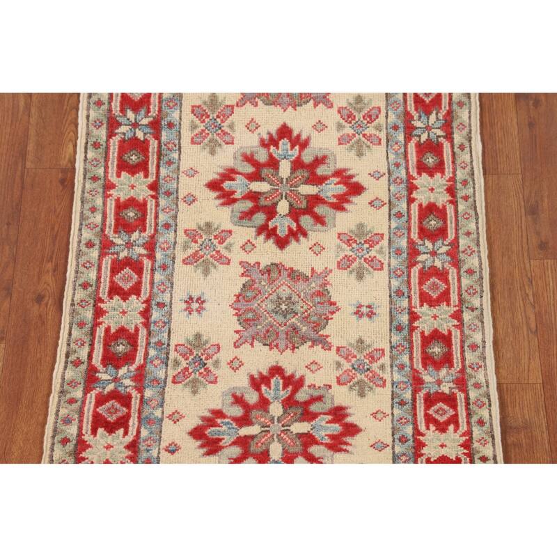 Geometric Kazak Oriental Runner Rug Handmade Beige Wool Carpet - 2'0" x 5'9"
