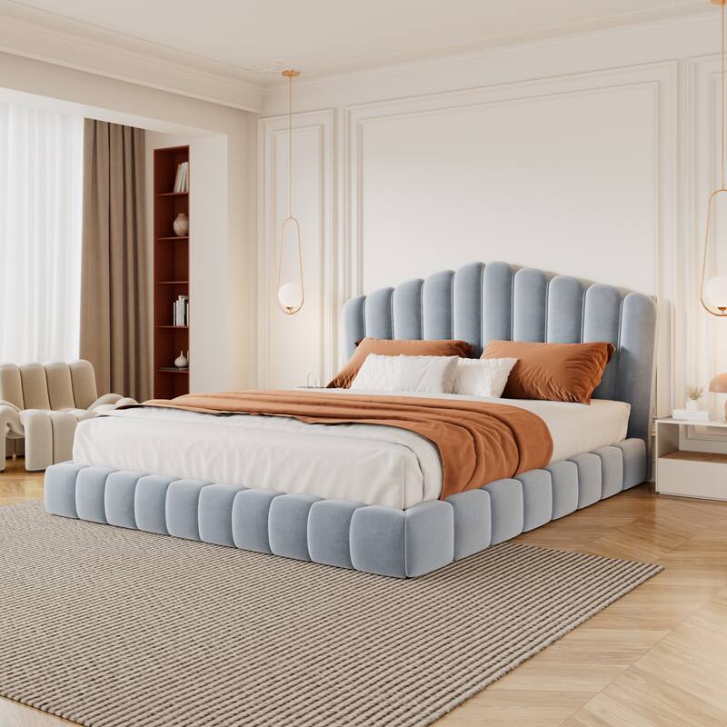 Velvet Upholstered Queen Bed Frame Floor Bed Shell-Shaped Headboard Wingback Frame Bed, No Box Spring Needed