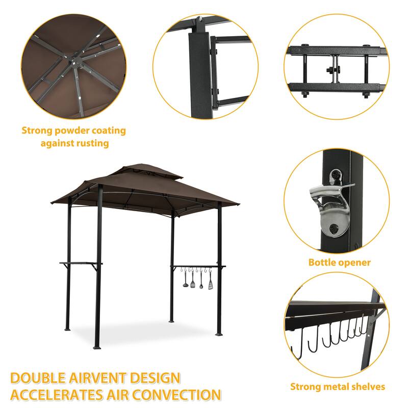 Outdoor Grill Gazebo 8x5 Ft, Double Tier Soft Top Canopy with Steel Frame, Bar Counters & Hook for BBQ