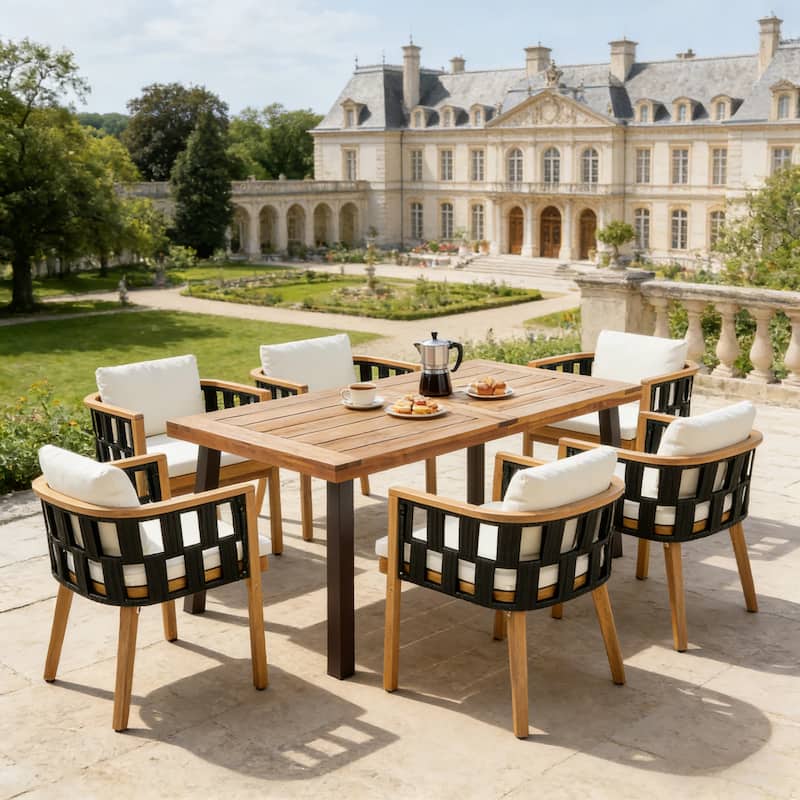 Christopher Knight Home - Della Modern Coastal Outdoor & Indoor Acacia Wood and Rope Dining Set with Cushions & Flat Rope - 7-Piece Set-Teak Finish+Cream+Black