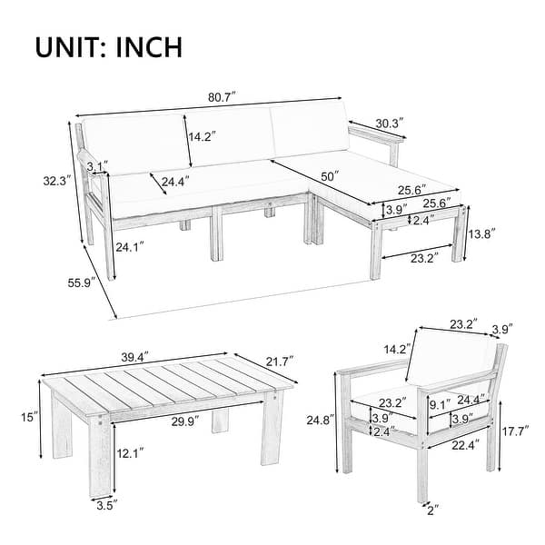 4 Pieces Patio Sectional Sofa with Coffee Table & Solid Acacia Frame ...