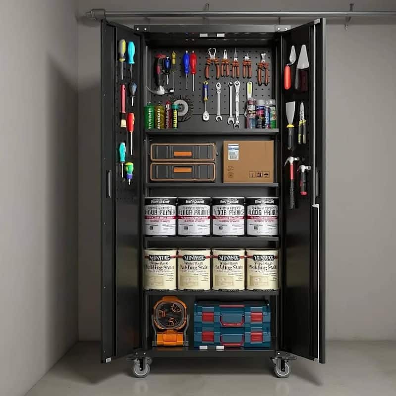 72" High Lockable Storage Cabinet with 4 Adjustable Shelves and Pegboard - N/A - Black