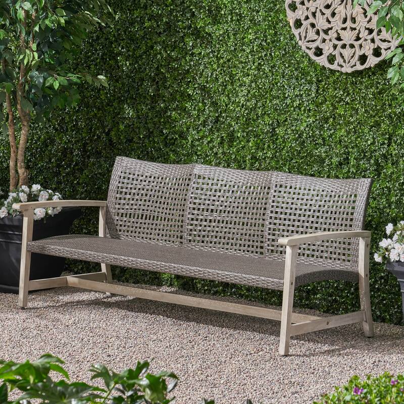Roomfitters 3-Seater Outdoor Wicker Patio Loveseat with Acacia Wood Frame and Sloped Armrests