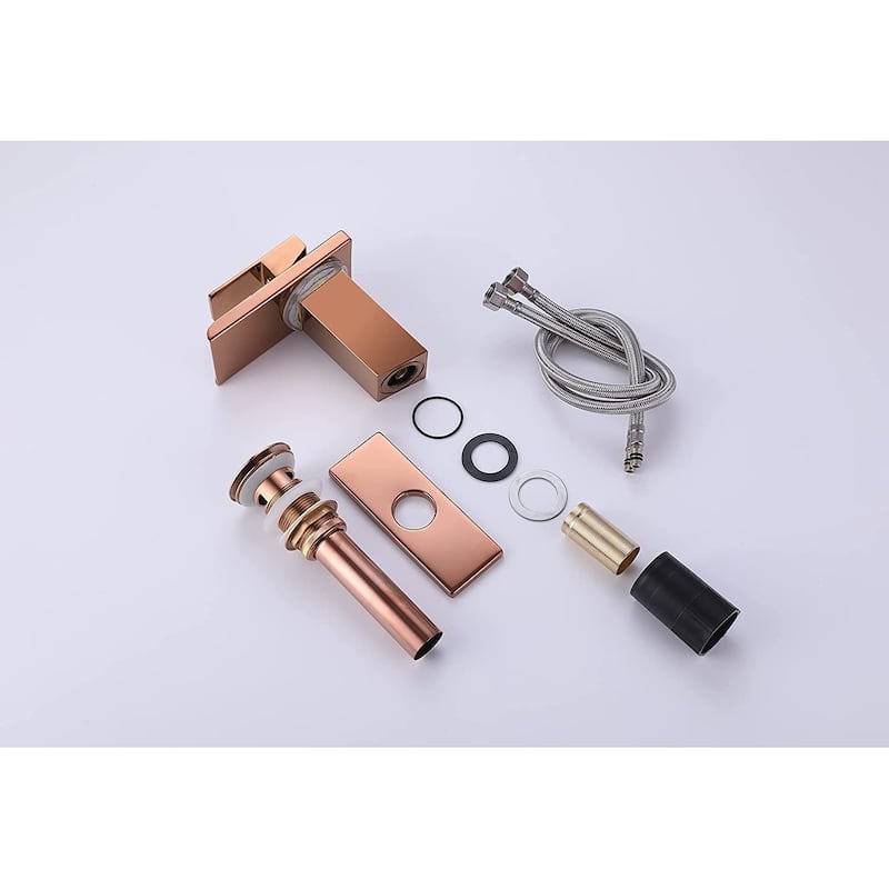 Rose Gold Waterfall 3 Color LED Single Handle Bathroom Sink Faucet, Pop Up Brass Overflow Drain
