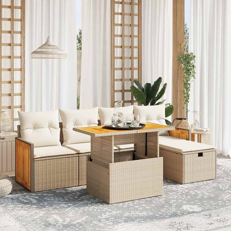 vidaXL Patio Sofa Set with Cushions Outdoor Furniture 6 Piece Poly Rattan - Beige and Cream-without storage - 21.7 x 39.4 x 28.7