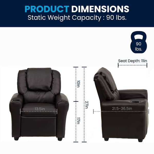 dimension image slide 5 of 10, Contemporary Kids Recliner with Cup Holder and Headrest - 24"W x 21.5" - 36.5"D x 27"H