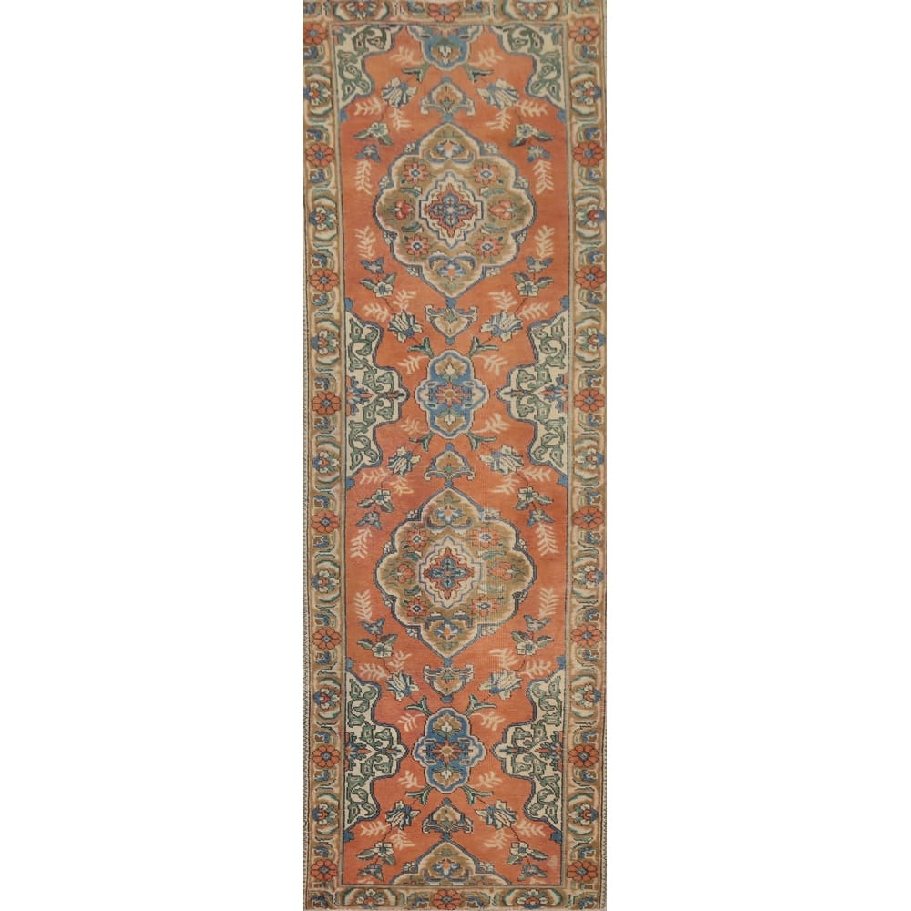 Hand Knotted Oriental 100% Wool Carpet Traditional Floral Oranges & Rust Tabriz Runner Rug - 9' 11'' X 2' 6''