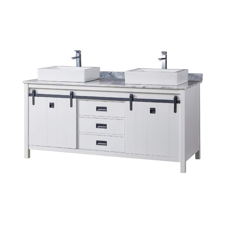 Da Vinci 72 in. Vanity in White with White Carrara Marble Top with white vessel sinks