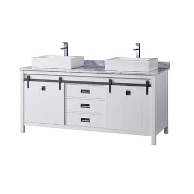 Da Vinci 72 in. Vanity in White with White Carrara Marble Top with white vessel sinks