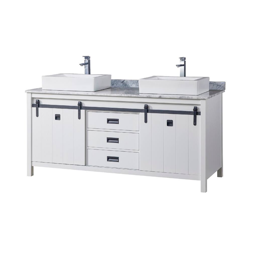 Da Vinci 72 in. Vanity in White with White Carrara Marble Top with white vessel sinks