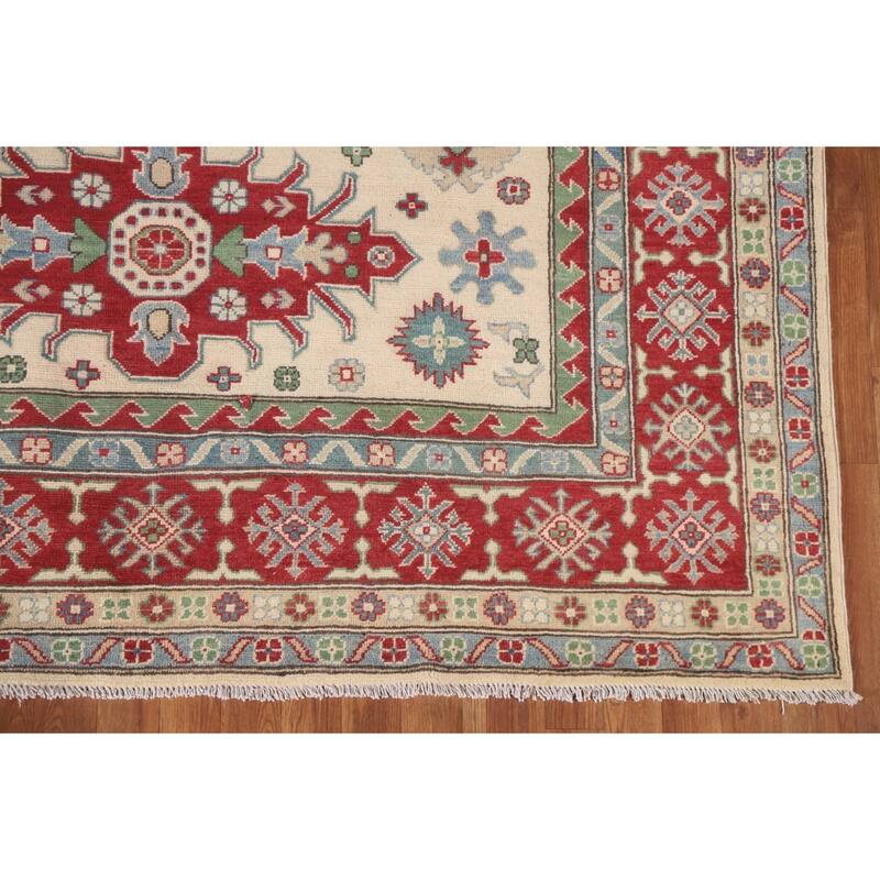 Hand Knotted Oriental 100% Wool Carpet Traditional Geometric Beige & Ivories Kazak Area Rug - 9' 9'' X 6' 7''