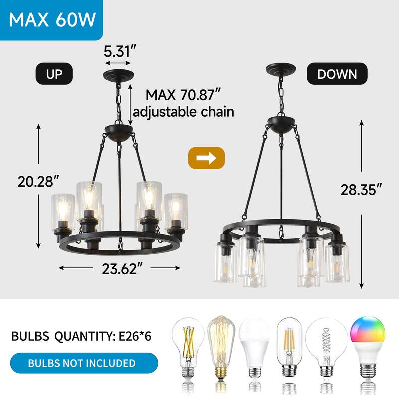 6-Light Black Wagon Wheel Chandelier With Light(No Bulbs) For Bedroom Bathroom--E26