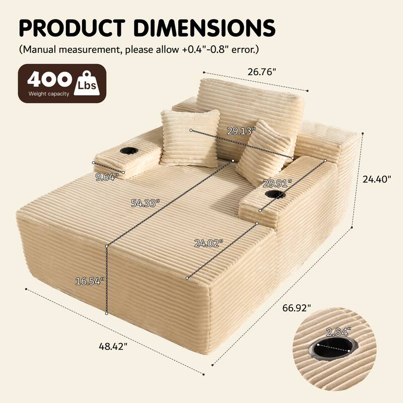 OVIOS Plush Convertible Floor Lounge Sofa with Cup Holder