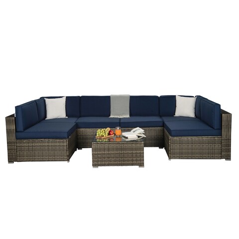 Global Pronex Outdoor Garden Patio Furniture 7-Piece PE Rattan Wicker Sectional Navy Cushioned Sofa Sets with 2 Beige Pillows