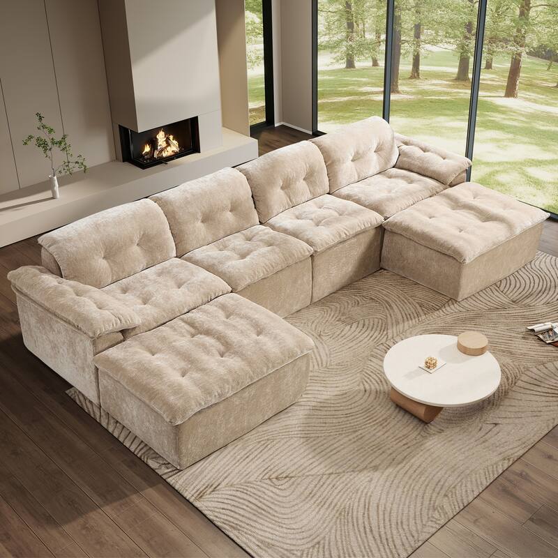 Rossetta 4-Seater Chenille Upholstery Modular Convertible Design Generous Seating Cushioned Sofa with 2 Versatile Ottomans