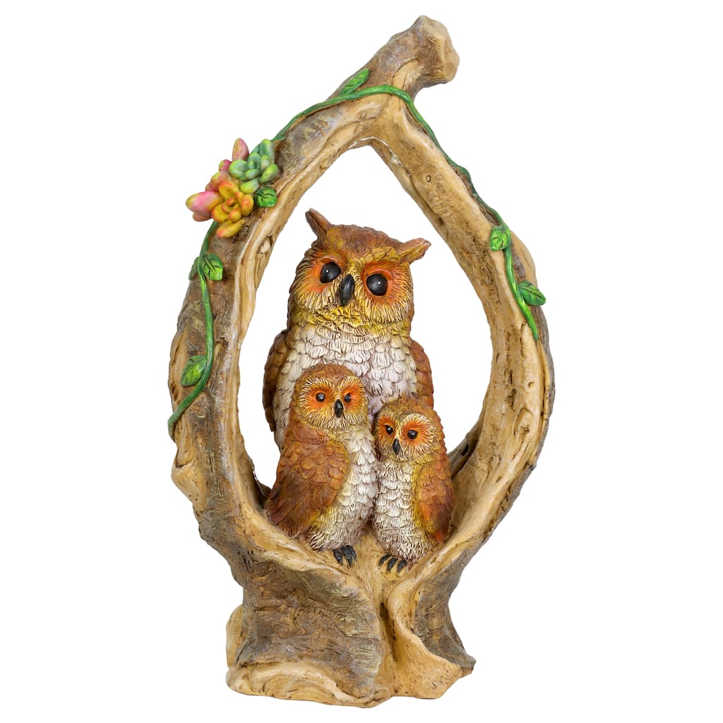 Exhart Solar Owl Family in a Tree Stump Garden Statue, 6 by 13 Inches