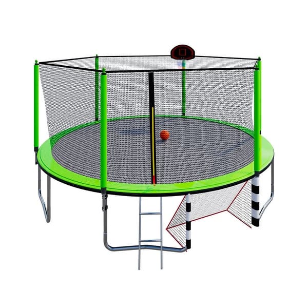 slide 2 of 7, 16FT Green Outdoor Trampoline with Enclosure, soccer goal