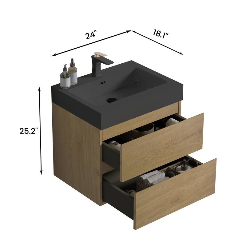 24" Floating Bathroom Vanity in Natural Oak with Handle-Free Design, Black Sink, and Silent Soft-Close Drawers