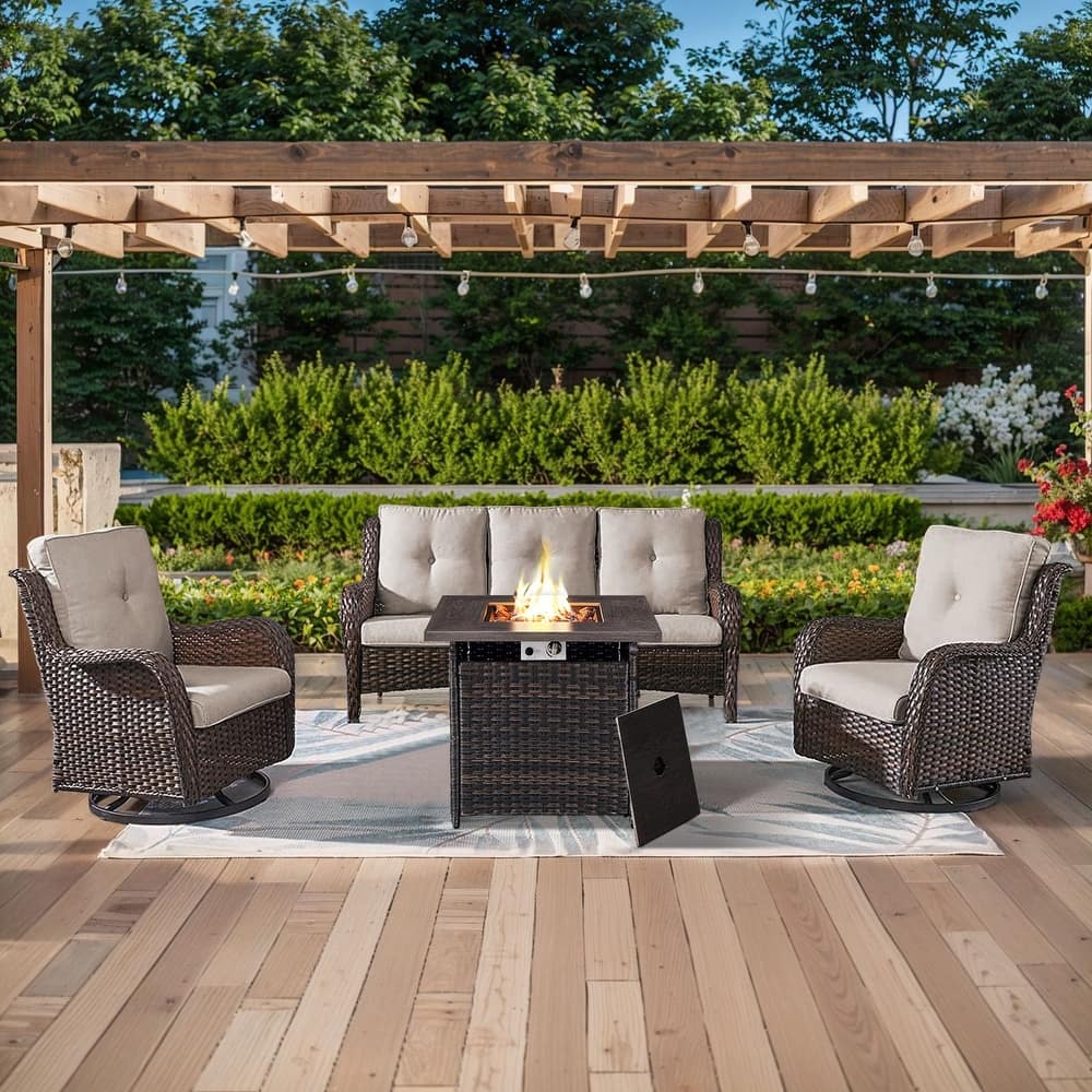 Gymojoy 4-Piece Outdoor Wicker Patio Furniture with Fire Pit Table, Rattan Coversation Set with Water Resistant Thick Cushions