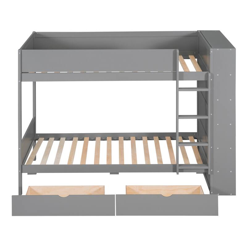 Space-Saving Twin Over Twin Bunk Bed with Drawers and Cabinet, Gray