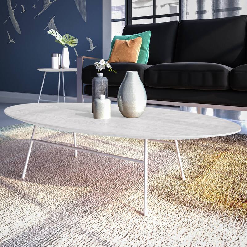 Rossmore Modern Oval Accent Coffee Table with White Powder Coated Steel Frame for Home Office Living Room Bedroom