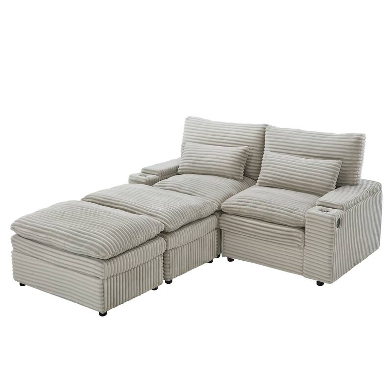 L-Shaped Corduroy Sectional Sofa w/ USB Ports & Cup Holders, 2-seater Sofa Loveseat w/ 2 Ottomans, Convertible Sleeper Sofa Bed