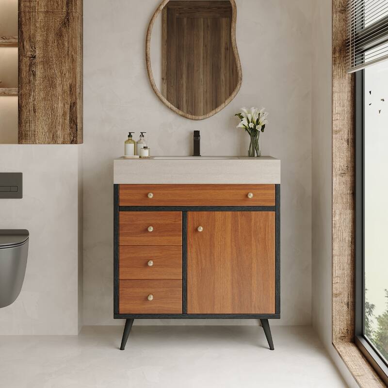 Mid-Century Modern Free-Standing Bathroom Vanity with Ceramic Sink & Sintered Stone Top - Black,Gold,Stone Gray,Walnut,White