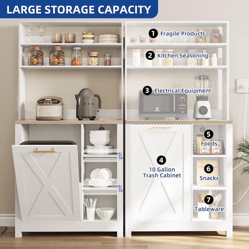 Moasis 6-Tier Bakers Rack Cabinet with Microwave Stand and Trash Can Bin, Coffee Bar Table Station with Power Outlets