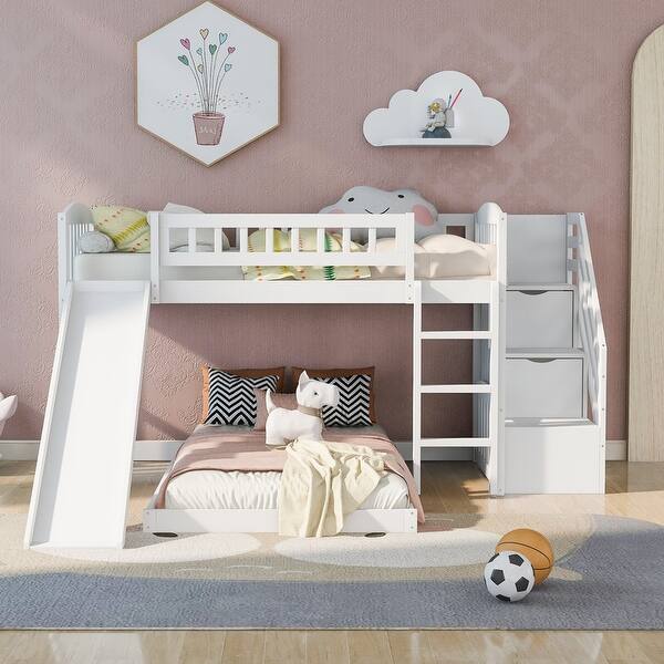 slide 2 of 6, Twin over Twin Size Bunk Bed with Two Drawers, Stairway and Slide