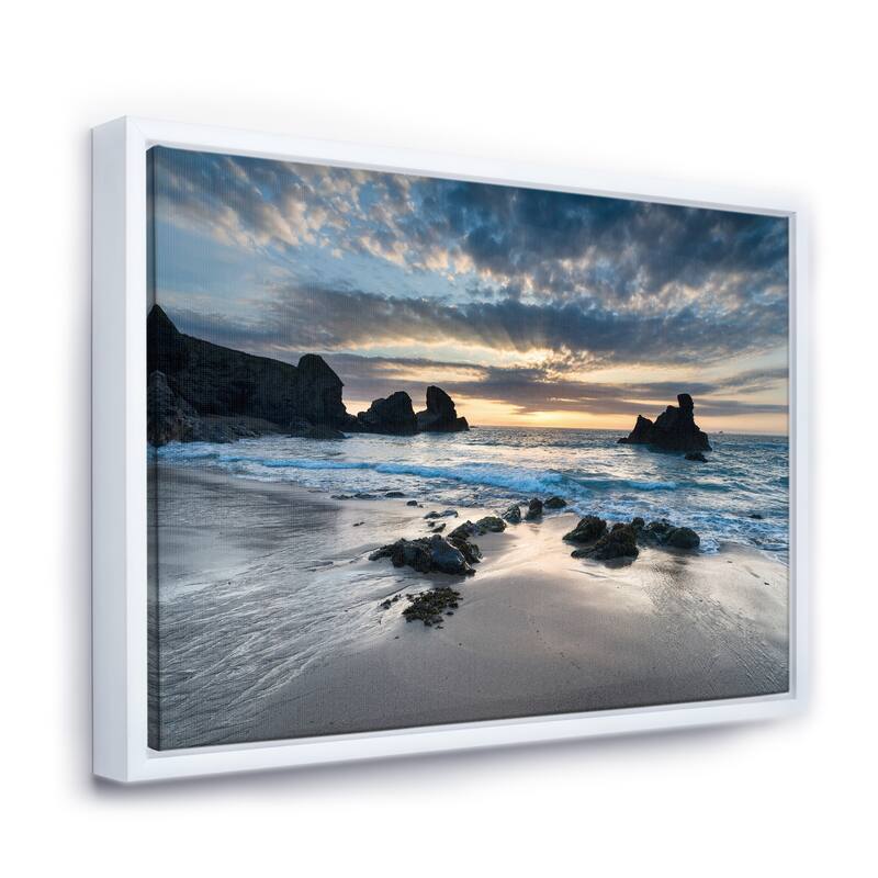 Designart "Beautiful Porthcothan Bay" Seashore Framed Canvas Art Print - 20 in. wide x 12 in. high - White