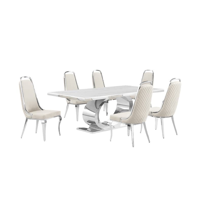 Best Quality Furniture D432/3-SC310-7 Dining Set with 87" White Marble Top