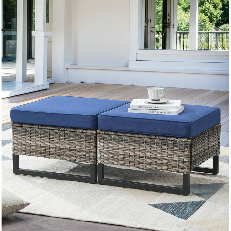 2 Pieces Patio Rattan Ottomans - Grey - Blue